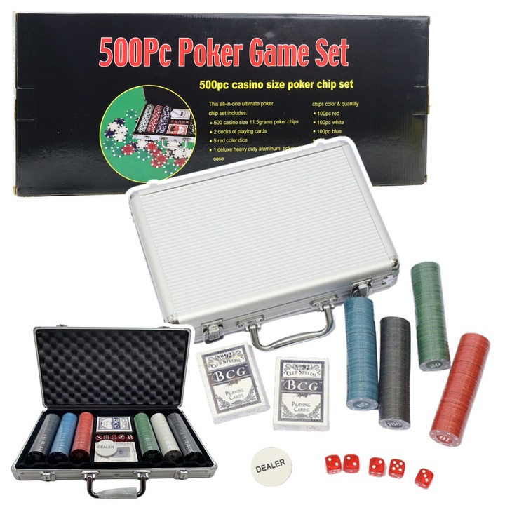Set poker 500 elemente, LEAN Toys, 4 culori, aluminiu, 57x24x7cm