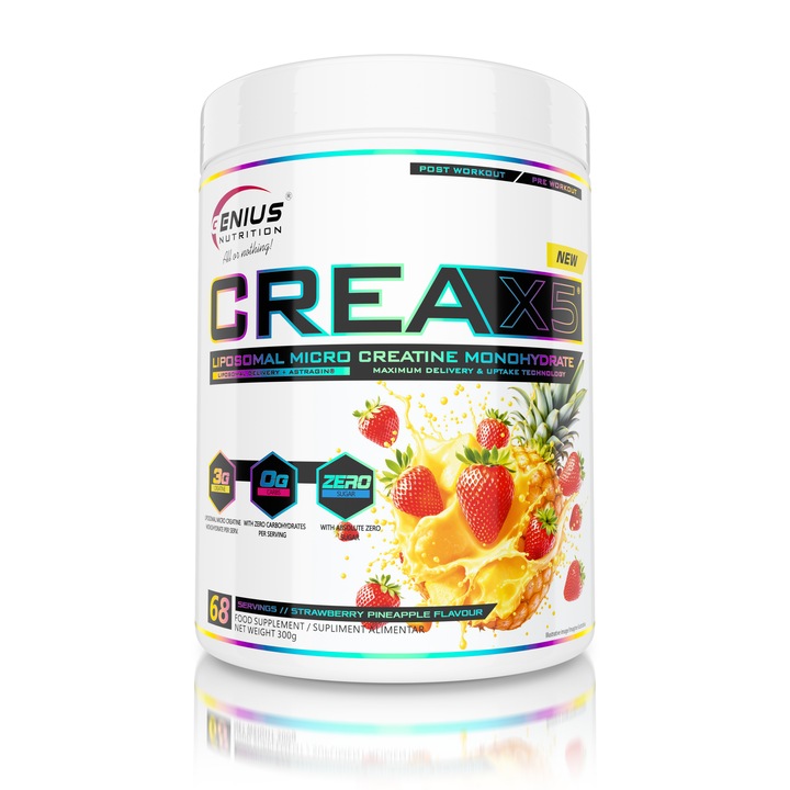 Creatina Genius Nutrition CREA-X5® LIPOSOMAL, aroma Capsuni si Ananas, 300g/69serv