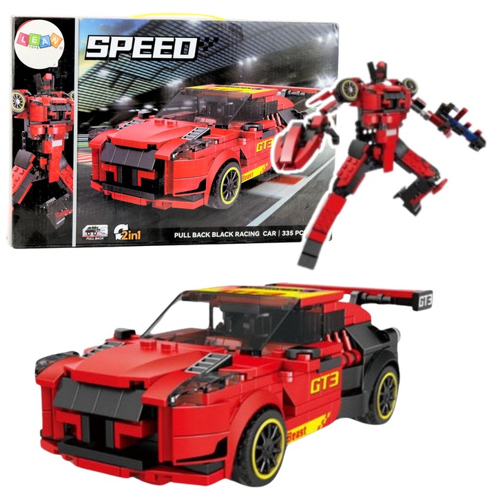 Set de constructie LEAN Toys, Klocki 2w1, robot si masina sport, 335 elemente, rosu-negru, 38,5x26,5x5cm
