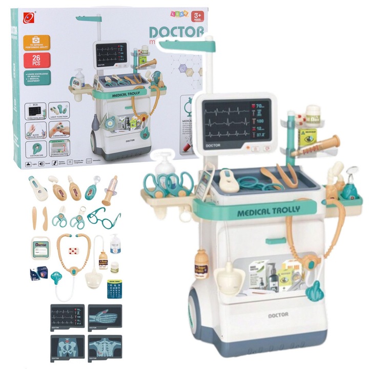 Set joaca doctor LEAN Toys, 26 elemente, efecte luminoase si sonore, alb-turcoaz, 46,5x26,5x115cm