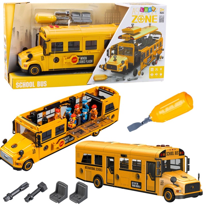 Autobuz scolar de asamblat, LEAN Toys, 48 elemente, galben, 36,7x12x8,8cm