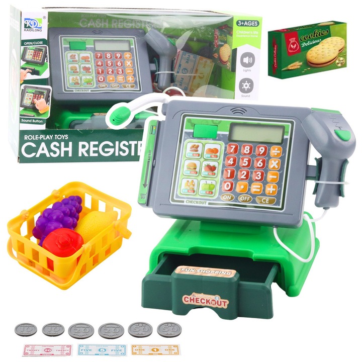 Set joaca supermarket, LEAN Toys, casa de marcat cu microfon si scanner, verde, 21x15,5x14cm