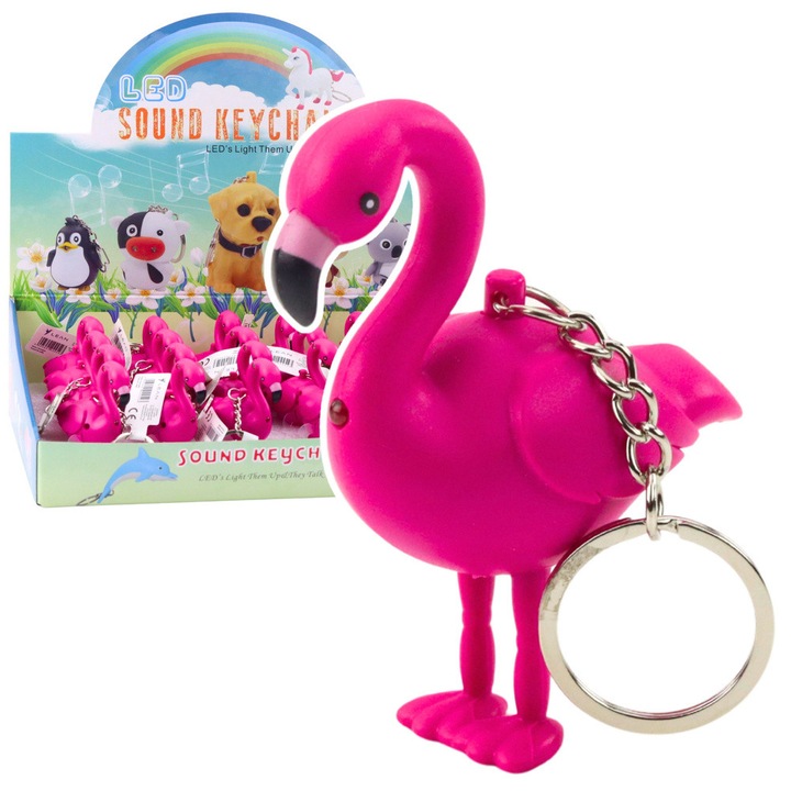 LED kulcstartó hanggal, Flamingó, LEAN Toys, 7,5x6,5cm, 24 darabos készlet