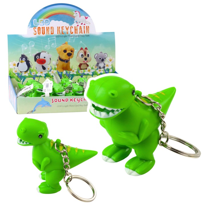 Breloc LED dinozaur cu sunet, LEAN Toys, 6x5,5cm, set 24 bucati, verde