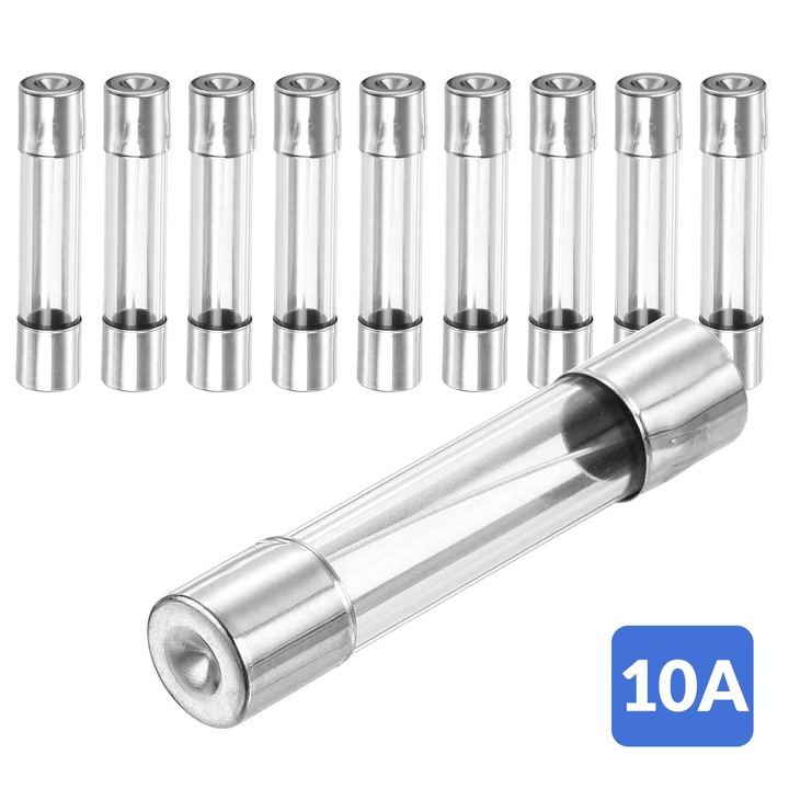 Set 10 bucati sigurante fuzibile rapide 10A, 6x30 mm, din sticla, capete din metal