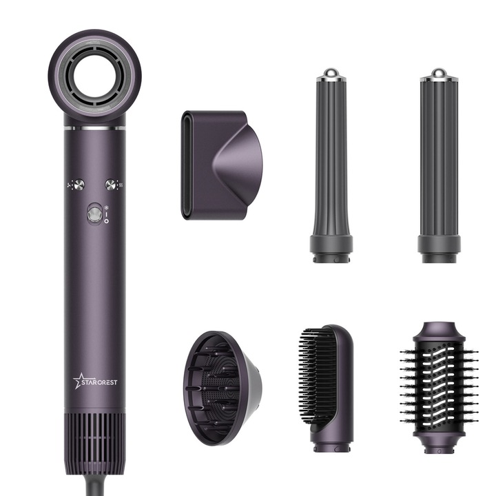 Uscator de par 7 in 1, Multistyler STARCREST SHD-7-1PP, 1300 W, 3 trepte de viteza, 3 trepte de temperatura, mov