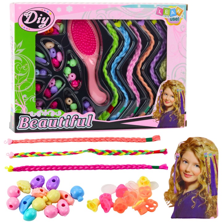 Set DIY pentru realizarea coafurilor cu suvite colorate si margele, LEAN Toys, 28x20,5x4,5cm