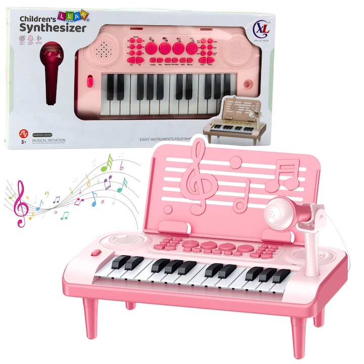 Pianino educational LEAN Toys, 24 clape, cu microfon si suport pentru note, roz, 29x15,5x3cm