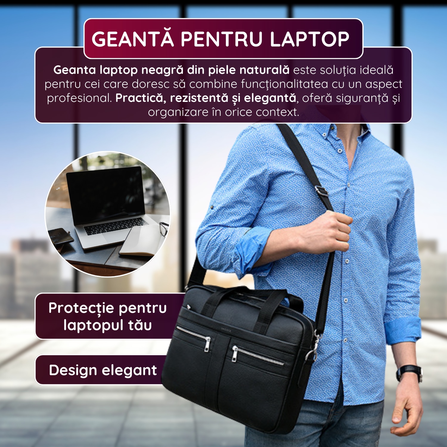 Geanta Laptop Piele Naturala, IMODIX, Compartiment Laptop 14-inch, Spatioasa, Curea De Umar Ajustabila, Multiple Compartimente, Ideala Pentru Birou Si Calatorii, 39x27x7 cm, Model 2019A, Neagra