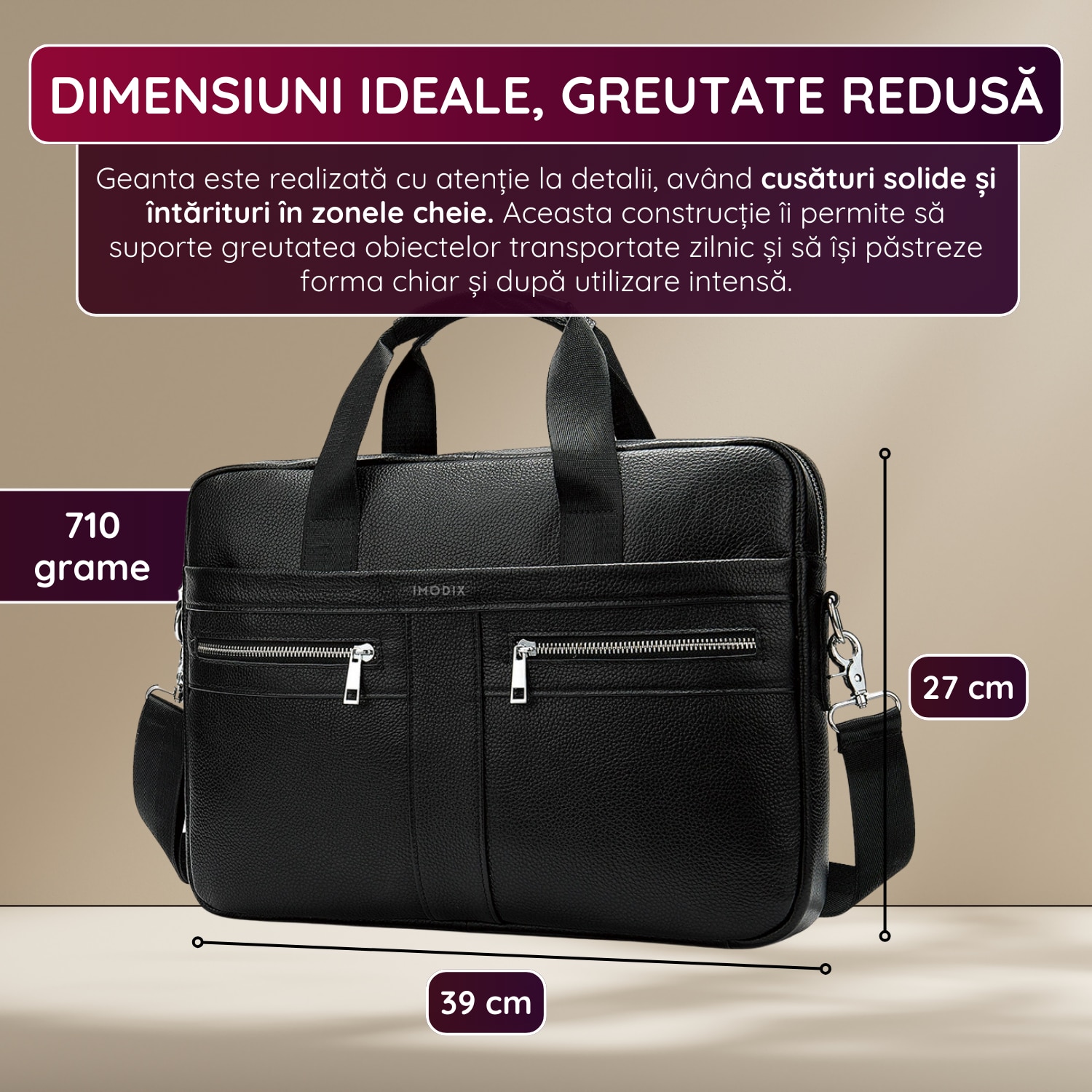 Geanta Laptop Piele Naturala, IMODIX, Compartiment Laptop 14-inch, Spatioasa, Curea De Umar Ajustabila, Multiple Compartimente, Ideala Pentru Birou Si Calatorii, 39x27x7 cm, Model 2019A, Neagra