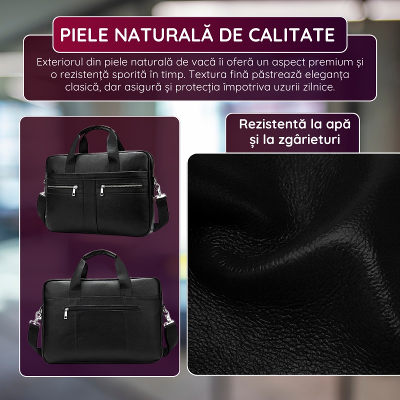 Geanta Laptop Piele Naturala, IMODIX, Compartiment Laptop 14-inch, Spatioasa, Curea De Umar Ajustabila, Multiple Compartimente, Ideala Pentru Birou Si Calatorii, 39x27x7 cm, Model 2019A, Neagra