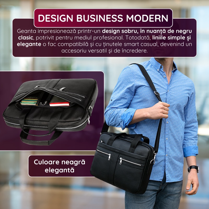 Geanta Laptop Piele Naturala, IMODIX, Compartiment Laptop 14-inch, Spatioasa, Curea De Umar Ajustabila, Multiple Compartimente, Ideala Pentru Birou Si Calatorii, 39x27x7 cm, Model 2019A, Neagra