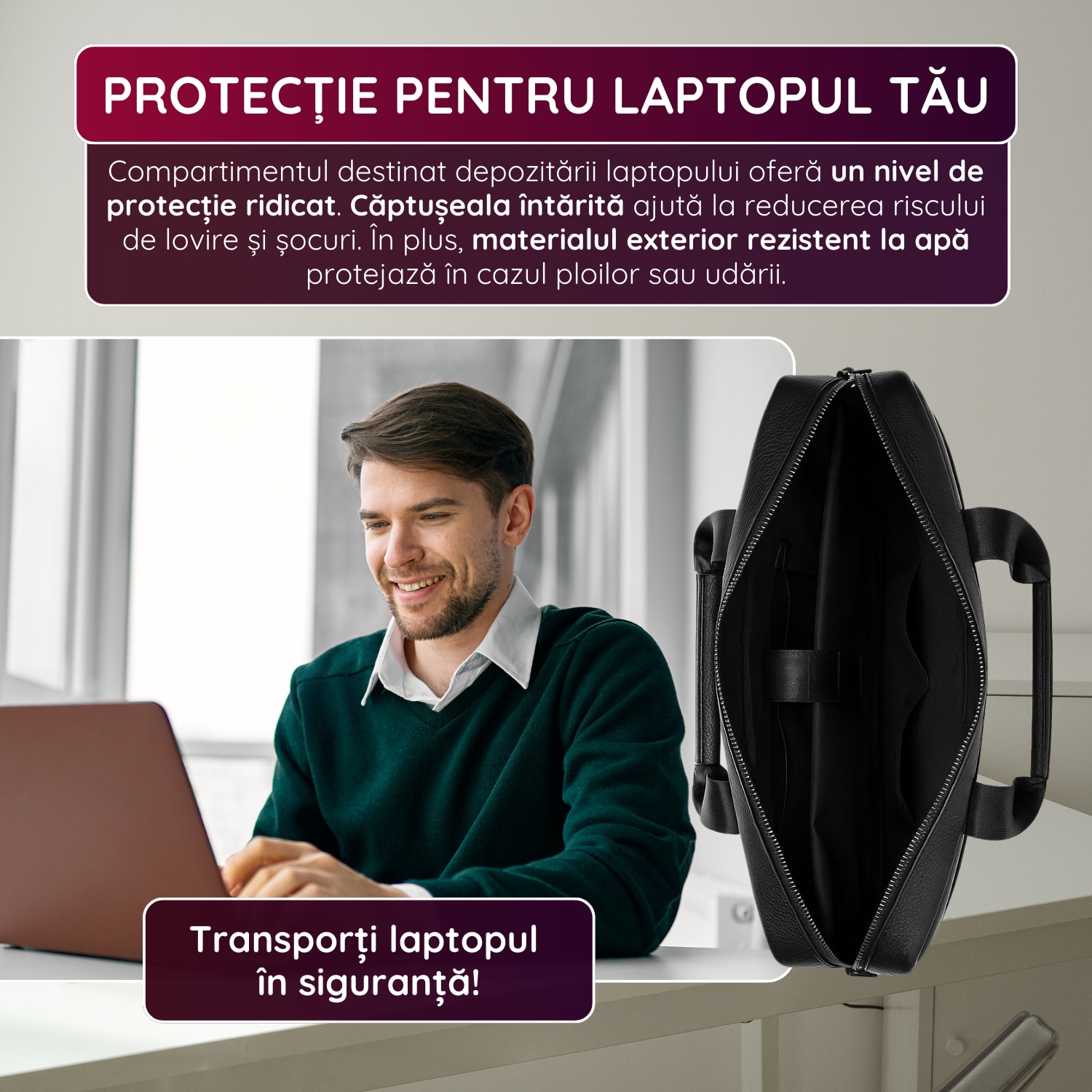 Geanta Laptop Piele Naturala, IMODIX, Compartiment Laptop 14-inch, Spatioasa, Curea De Umar Ajustabila, Multiple Compartimente, Ideala Pentru Birou Si Calatorii, 39x27x7 cm, Model 2019A, Neagra