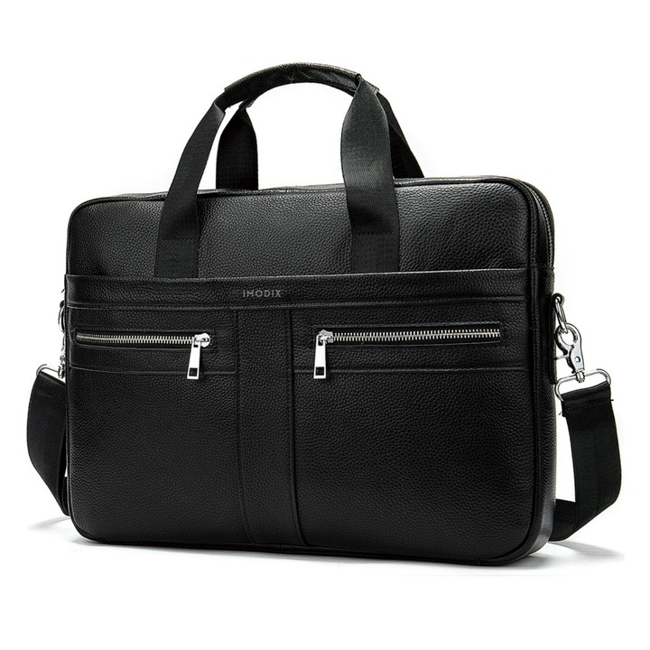 Laptop Táska Valódi Bőrből, IMODIX®, 14-hüvelykes Laptop Rekesz, Tágas, Állítható Vállpánt, Több Rekesz, Ideális Irodai Használatra és Utazáshoz, 39x27x7 cm, 2019A Modell, Fekete