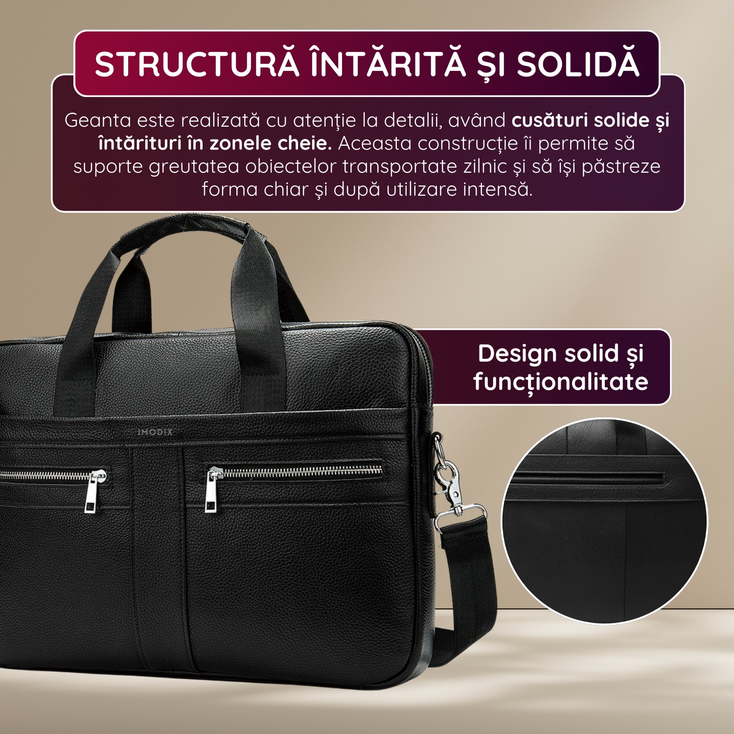Geanta Laptop Piele Naturala, IMODIX, Compartiment Laptop 14-inch, Spatioasa, Curea De Umar Ajustabila, Multiple Compartimente, Ideala Pentru Birou Si Calatorii, 39x27x7 cm, Model 2019A, Neagra
