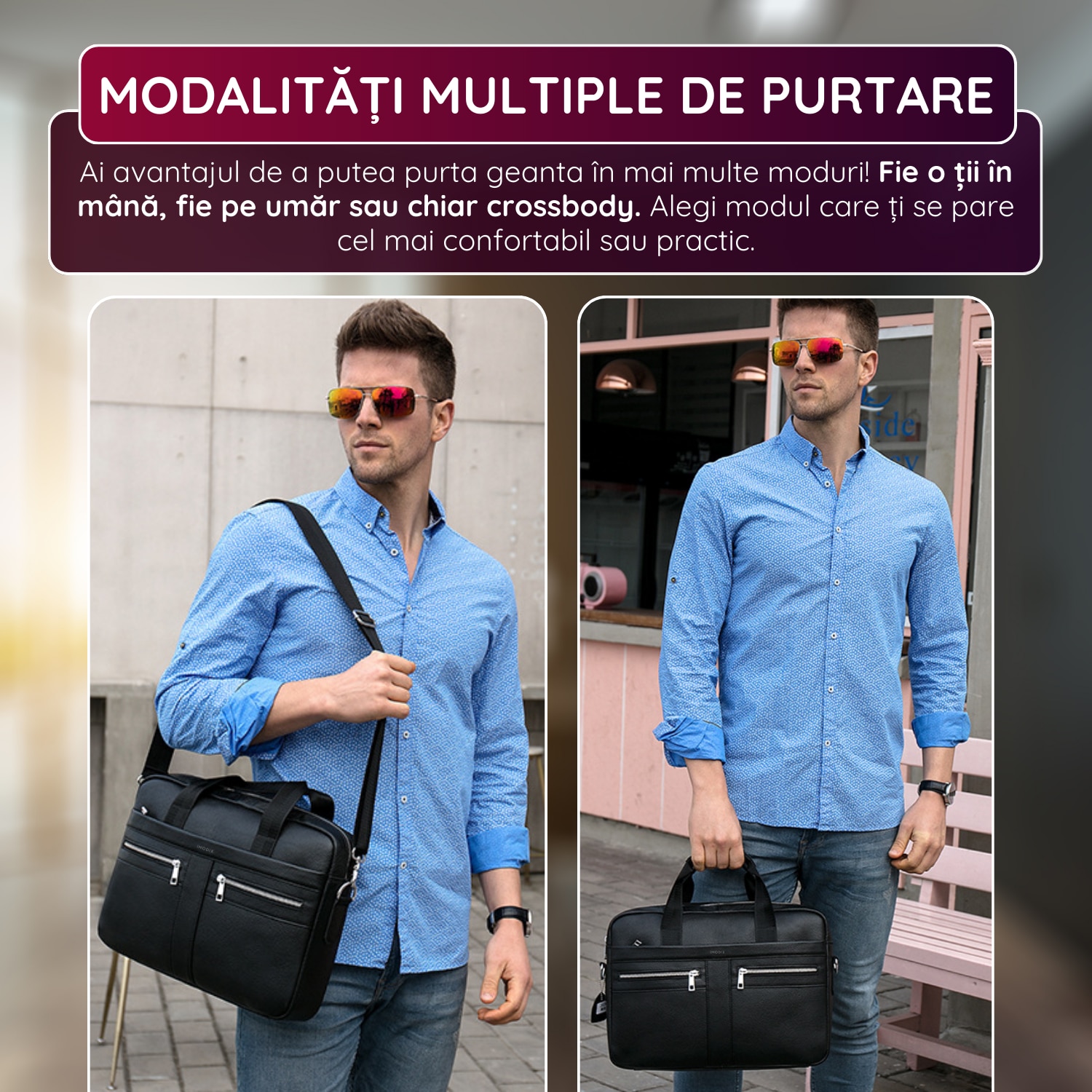 Geanta Laptop Piele Naturala, IMODIX, Compartiment Laptop 14-inch, Spatioasa, Curea De Umar Ajustabila, Multiple Compartimente, Ideala Pentru Birou Si Calatorii, 39x27x7 cm, Model 2019A, Neagra
