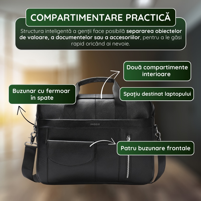 Geanta Laptop Piele Naturala, IMODIX, Compartiment Laptop 14-inch, Spatioasa, Curea De Umar Ajustabila, Multiple Compartimente, Ideala Pentru Birou Si Calatorii, 40x30x7 cm, Model 1116, Neagra