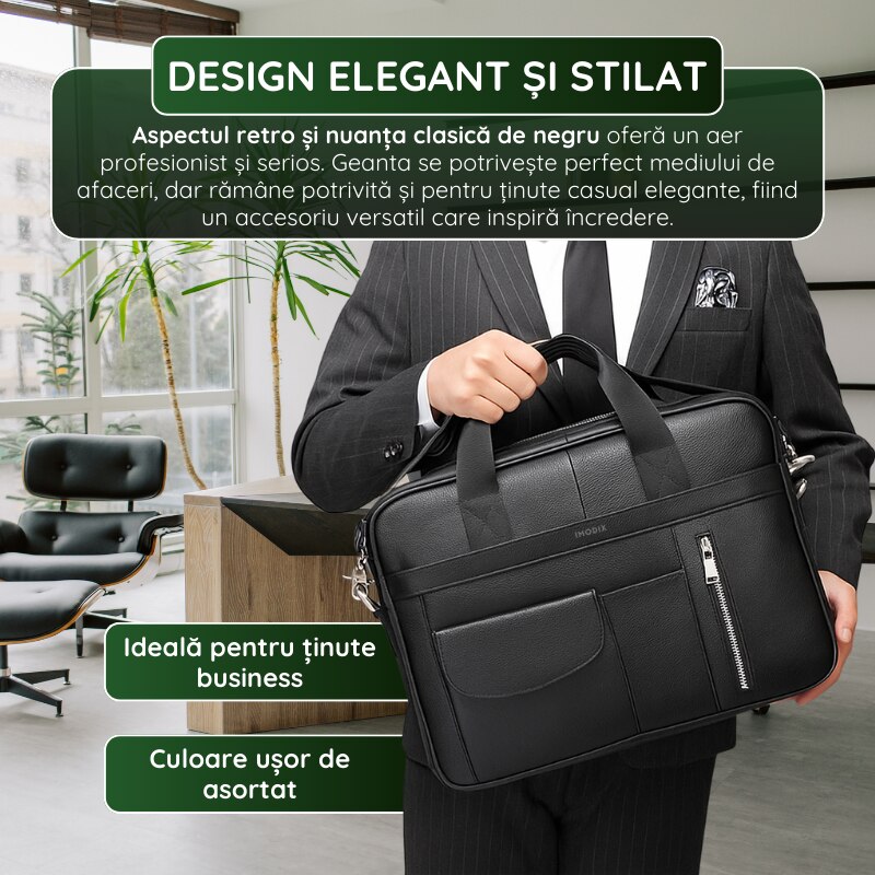 Geanta Laptop Piele Naturala, IMODIX, Compartiment Laptop 14-inch, Spatioasa, Curea De Umar Ajustabila, Multiple Compartimente, Ideala Pentru Birou Si Calatorii, 40x30x7 cm, Model 1116, Neagra
