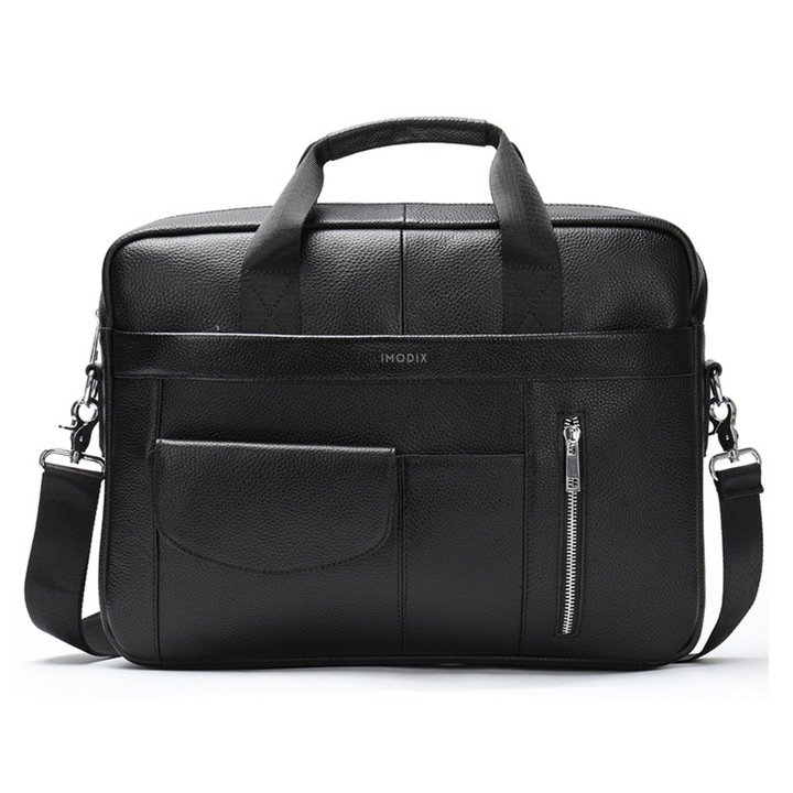 Valódi Bőr Laptop Táska, IMODIX®, Alkalmas 15.6 hüvelykes Laptophoz, Tágas, Állítható Vállpánt, Több Rekesz, Ideális Irodai Használatra és Utazáshoz, 40x30x7 cm, 1116-os Modell, Fekete