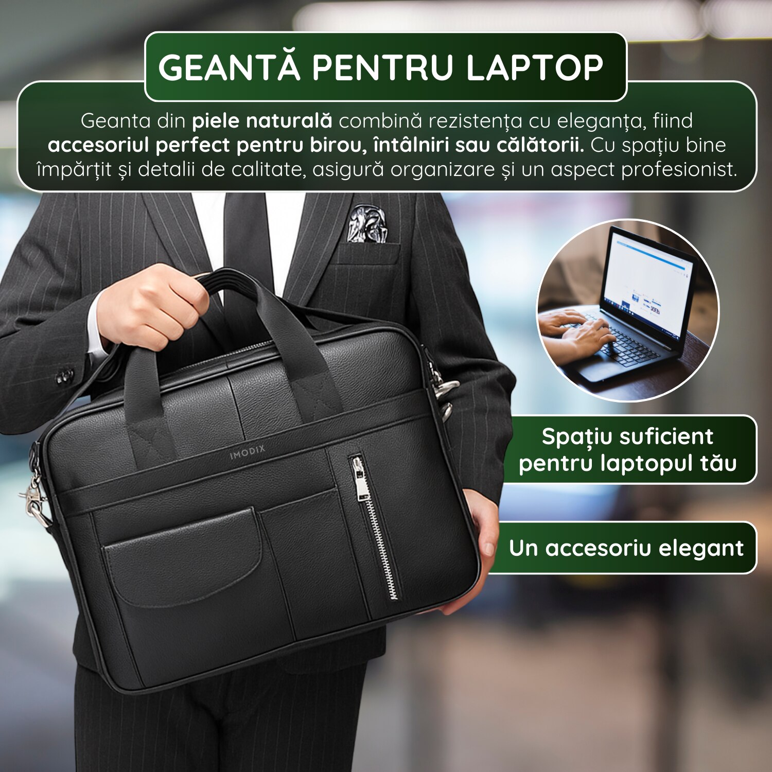 Geanta Laptop Piele Naturala, IMODIX, Compartiment Laptop 14-inch, Spatioasa, Curea De Umar Ajustabila, Multiple Compartimente, Ideala Pentru Birou Si Calatorii, 40x30x7 cm, Model 1116, Neagra