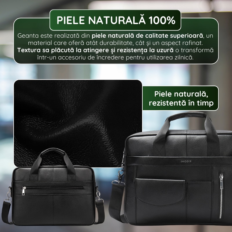 Geanta Laptop Piele Naturala, IMODIX, Compartiment Laptop 14-inch, Spatioasa, Curea De Umar Ajustabila, Multiple Compartimente, Ideala Pentru Birou Si Calatorii, 40x30x7 cm, Model 1116, Neagra