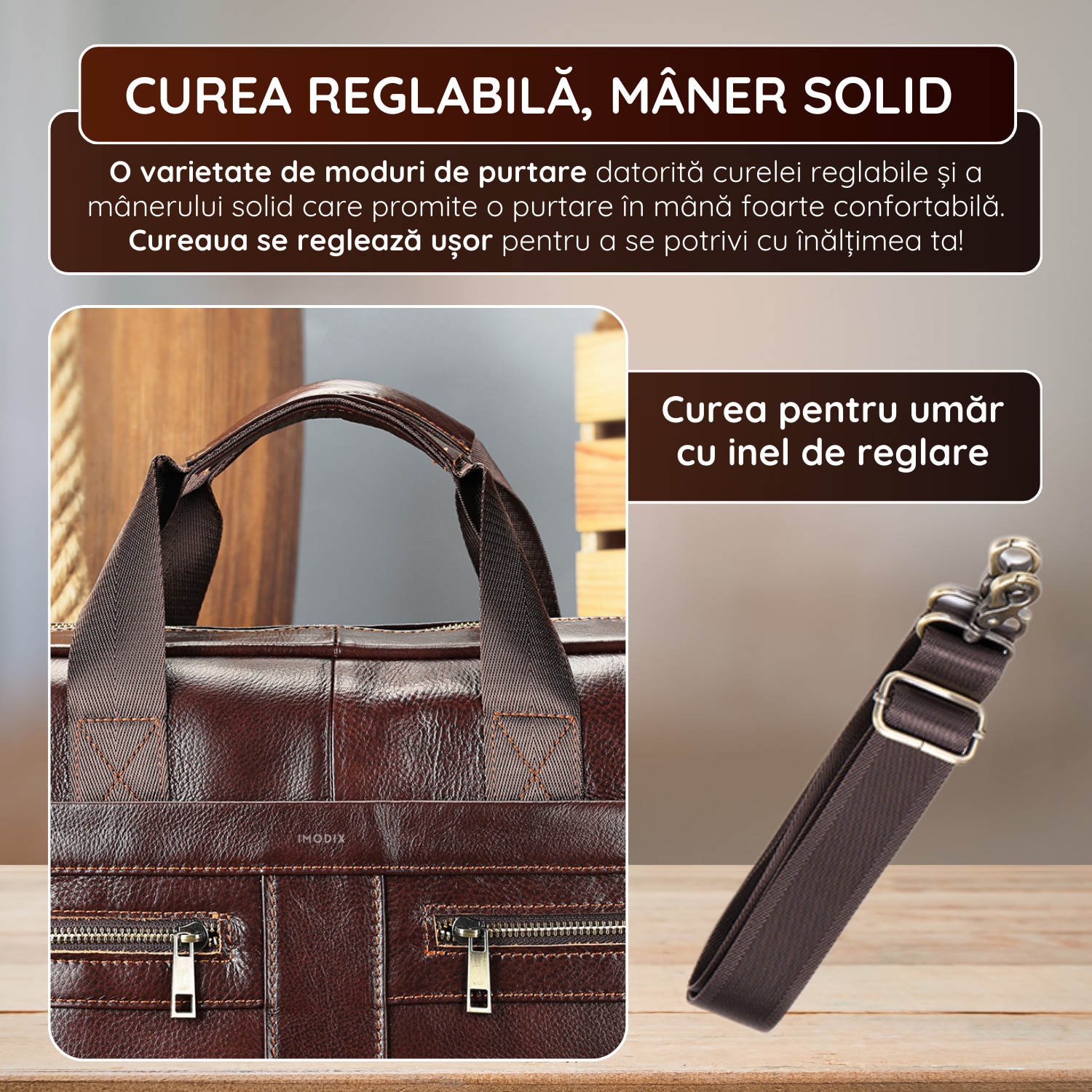 Geanta Laptop Piele Naturala, IMODIX, Compartiment Laptop 14-inch, Spatioasa, Curea De Umar Ajustabila, Multiple Compartimente, Ideala Pentru Birou Si Calatorii, 39x27x7 cm, Model 2019A, Maro