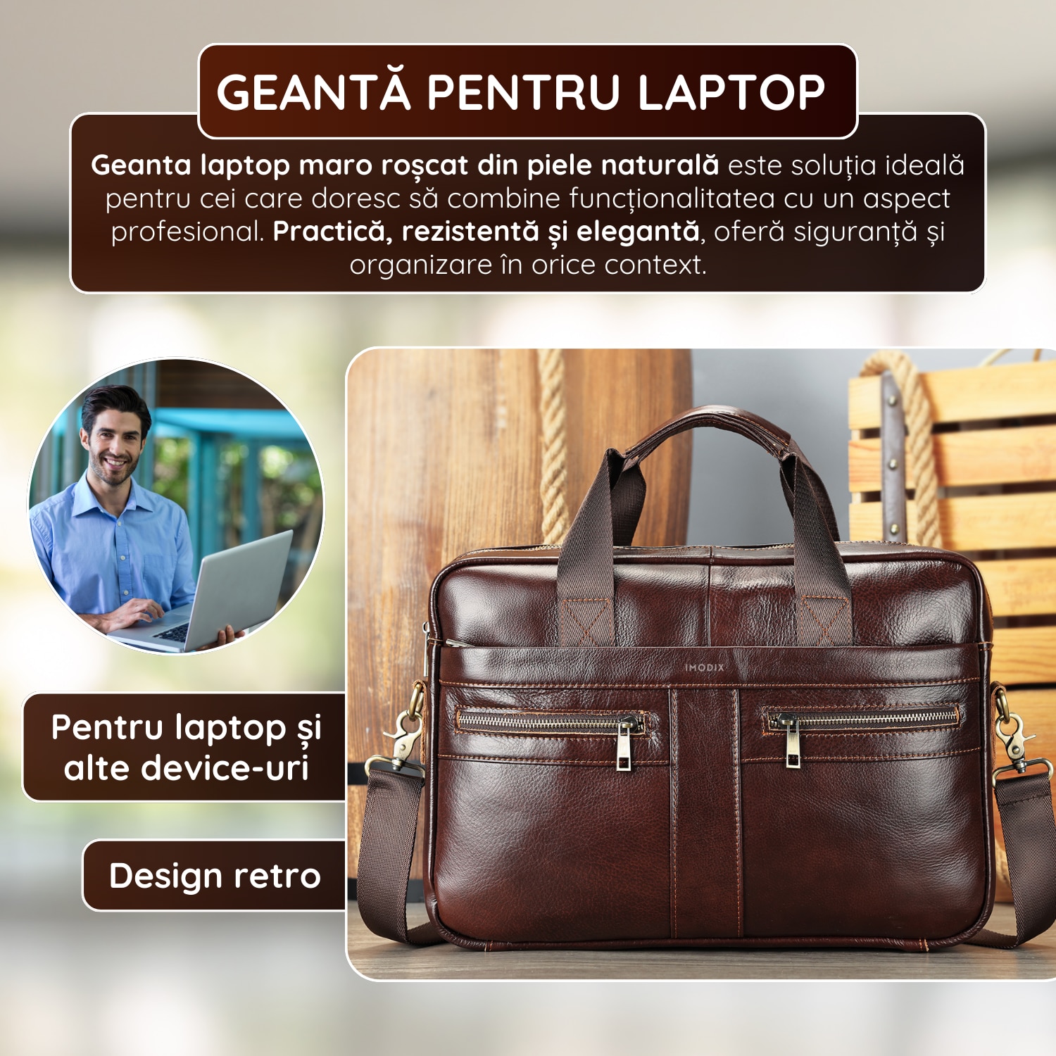Geanta Laptop Piele Naturala, IMODIX, Compartiment Laptop 14-inch, Spatioasa, Curea De Umar Ajustabila, Multiple Compartimente, Ideala Pentru Birou Si Calatorii, 39x27x7 cm, Model 2019A, Maro