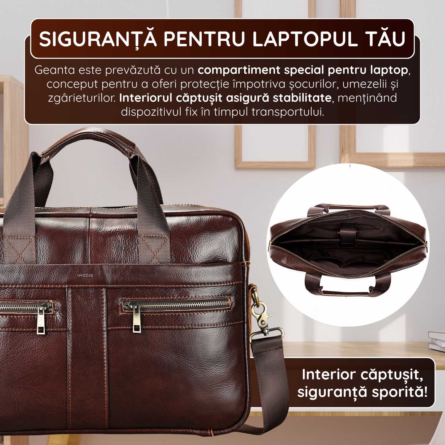 Geanta Laptop Piele Naturala, IMODIX, Compartiment Laptop 14-inch, Spatioasa, Curea De Umar Ajustabila, Multiple Compartimente, Ideala Pentru Birou Si Calatorii, 39x27x7 cm, Model 2019A, Maro