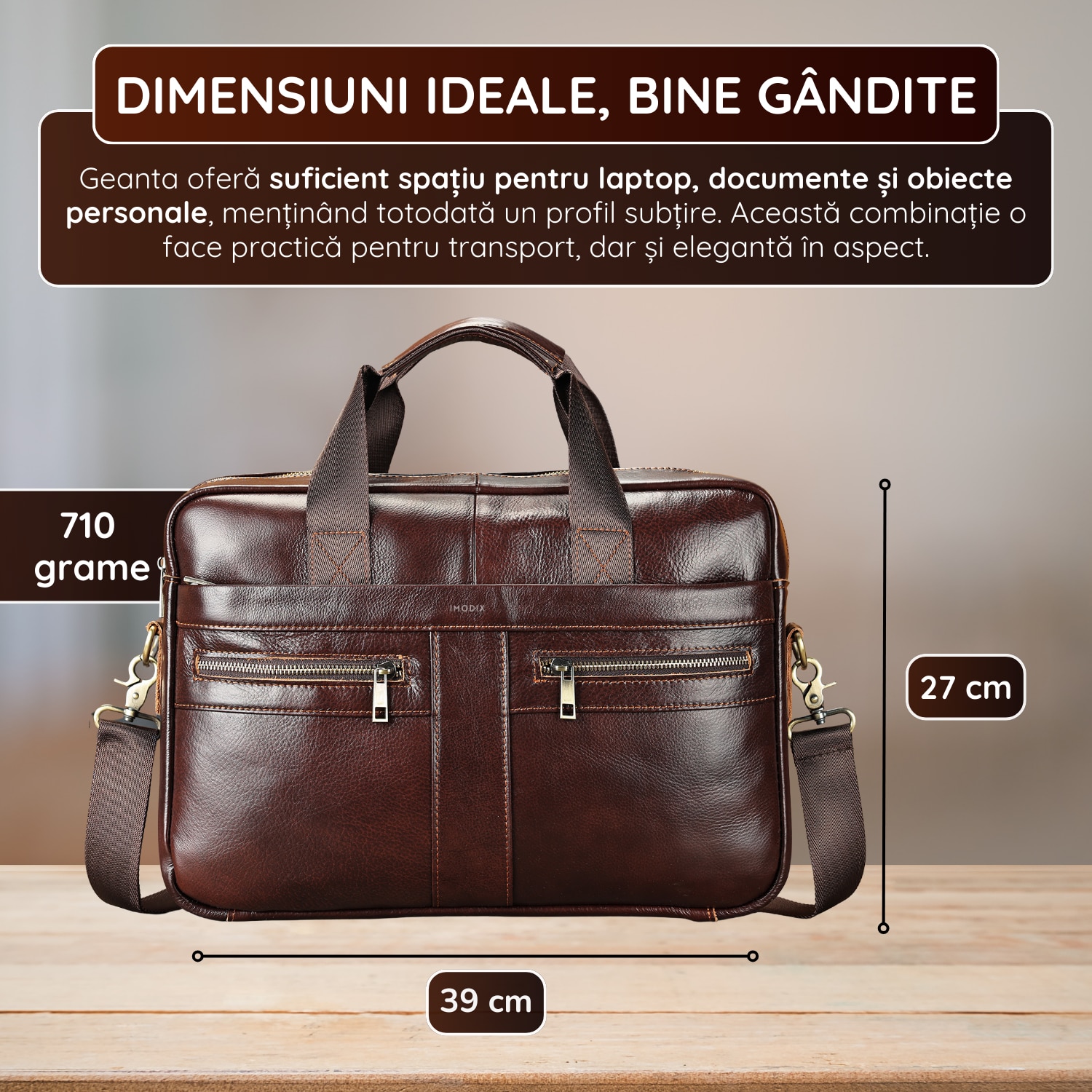 Geanta Laptop Piele Naturala, IMODIX, Compartiment Laptop 14-inch, Spatioasa, Curea De Umar Ajustabila, Multiple Compartimente, Ideala Pentru Birou Si Calatorii, 39x27x7 cm, Model 2019A, Maro