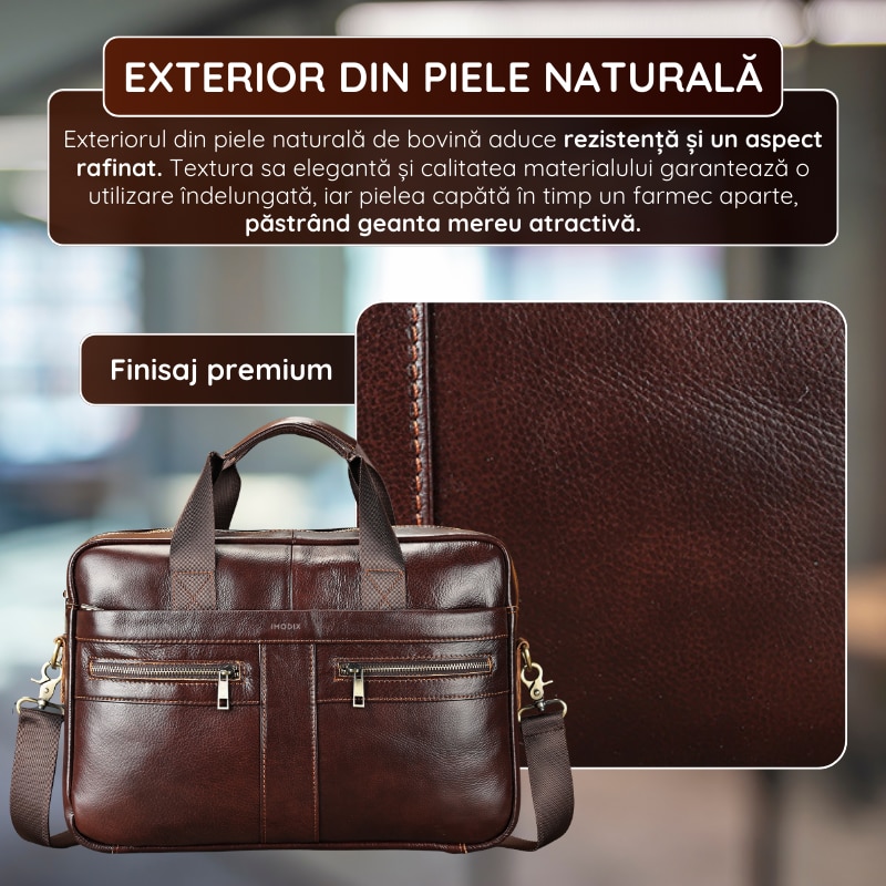 Geanta Laptop Piele Naturala, IMODIX, Compartiment Laptop 14-inch, Spatioasa, Curea De Umar Ajustabila, Multiple Compartimente, Ideala Pentru Birou Si Calatorii, 39x27x7 cm, Model 2019A, Maro