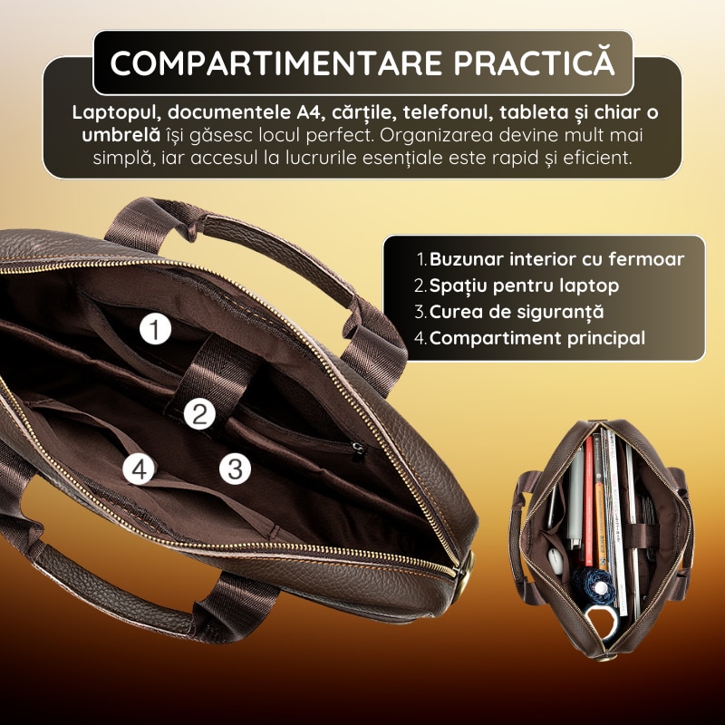 Geanta Laptop Piele Naturala, IMODIX, Compartiment Laptop 14-inch, Spatioasa, Curea De Umar Ajustabila, Multiple Compartimente, Ideala Pentru Birou Si Calatorii, 38.5x28x7 cm, Model 8629, Maro