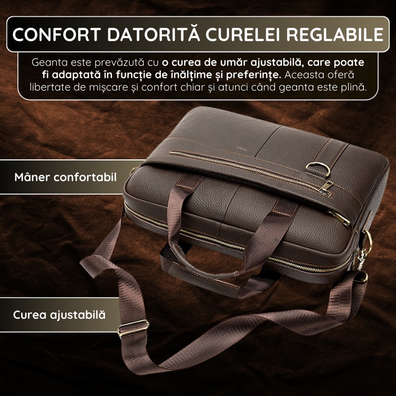 Geanta Laptop Piele Naturala, IMODIX, Compartiment Laptop 14-inch, Spatioasa, Curea De Umar Ajustabila, Multiple Compartimente, Ideala Pentru Birou Si Calatorii, 38.5x28x7 cm, Model 8629, Maro