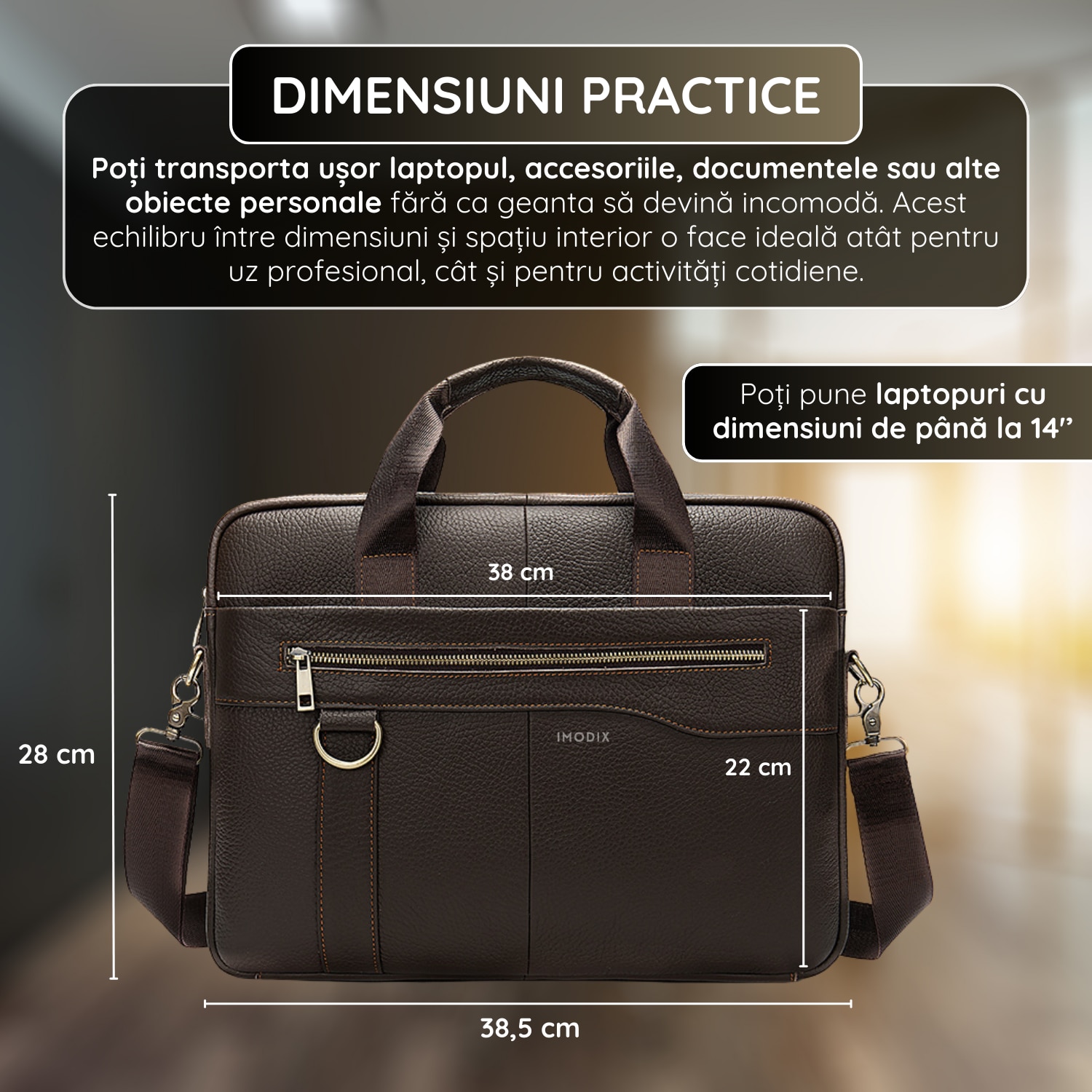 Geanta Laptop Piele Naturala, IMODIX, Compartiment Laptop 14-inch, Spatioasa, Curea De Umar Ajustabila, Multiple Compartimente, Ideala Pentru Birou Si Calatorii, 38.5x28x7 cm, Model 8629, Maro