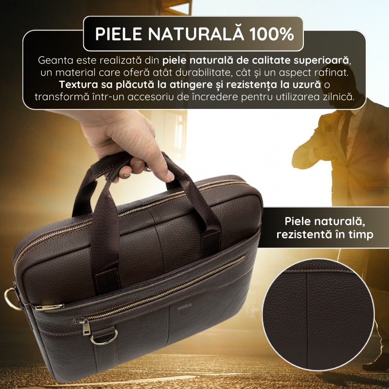 Geanta Laptop Piele Naturala, IMODIX, Compartiment Laptop 14-inch, Spatioasa, Curea De Umar Ajustabila, Multiple Compartimente, Ideala Pentru Birou Si Calatorii, 38.5x28x7 cm, Model 8629, Maro