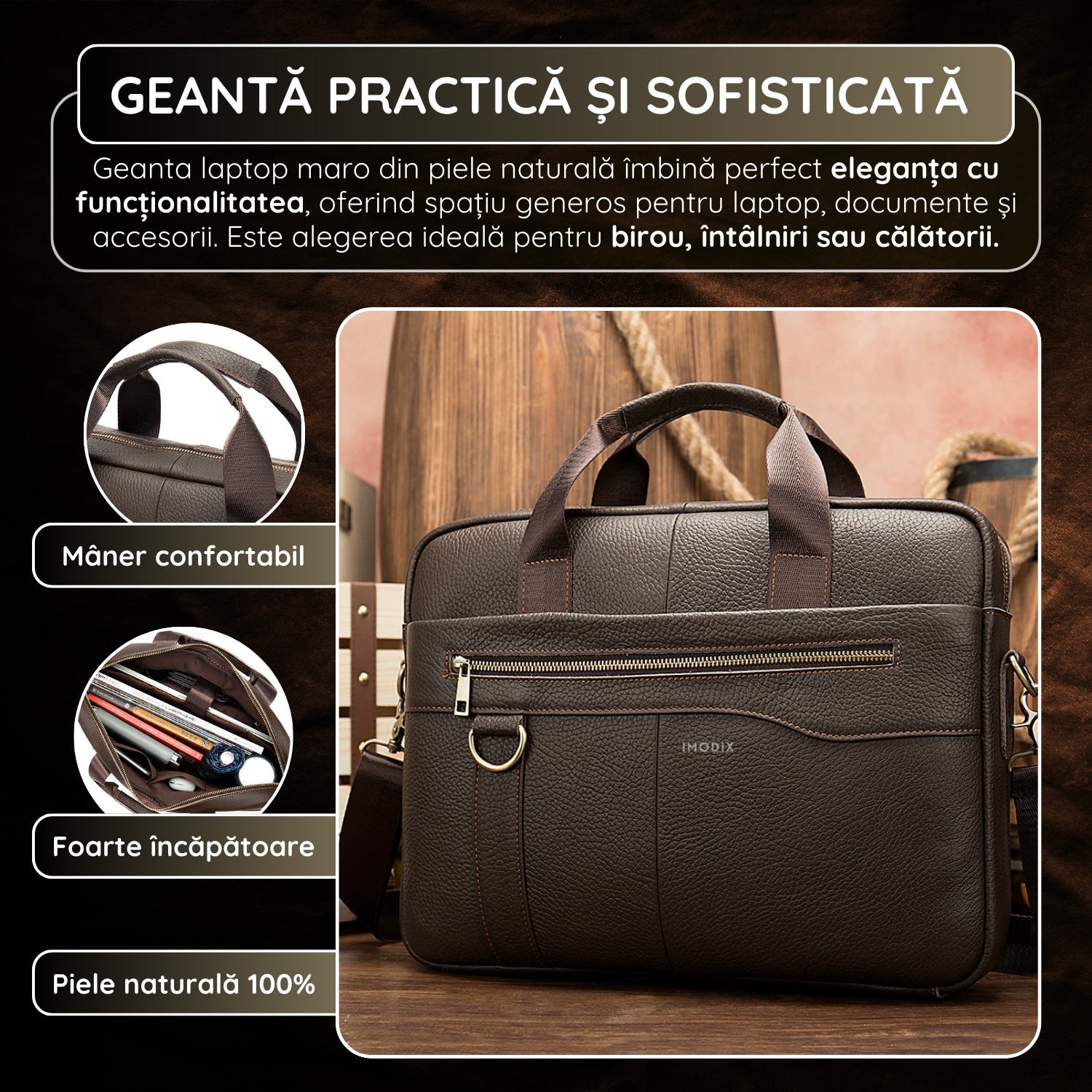 Geanta Laptop Piele Naturala, IMODIX, Compartiment Laptop 14-inch, Spatioasa, Curea De Umar Ajustabila, Multiple Compartimente, Ideala Pentru Birou Si Calatorii, 38.5x28x7 cm, Model 8629, Maro