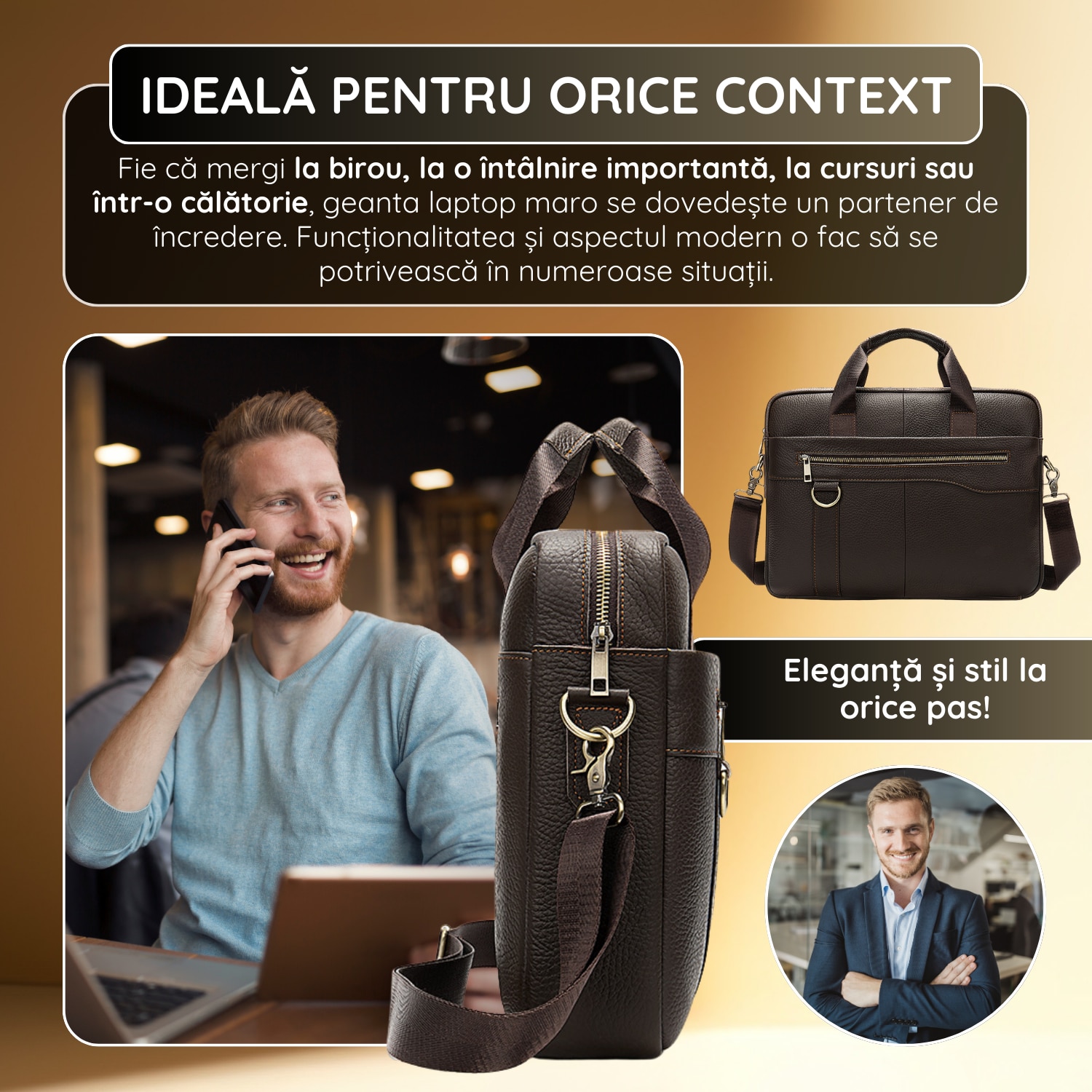 Geanta Laptop Piele Naturala, IMODIX, Compartiment Laptop 14-inch, Spatioasa, Curea De Umar Ajustabila, Multiple Compartimente, Ideala Pentru Birou Si Calatorii, 38.5x28x7 cm, Model 8629, Maro