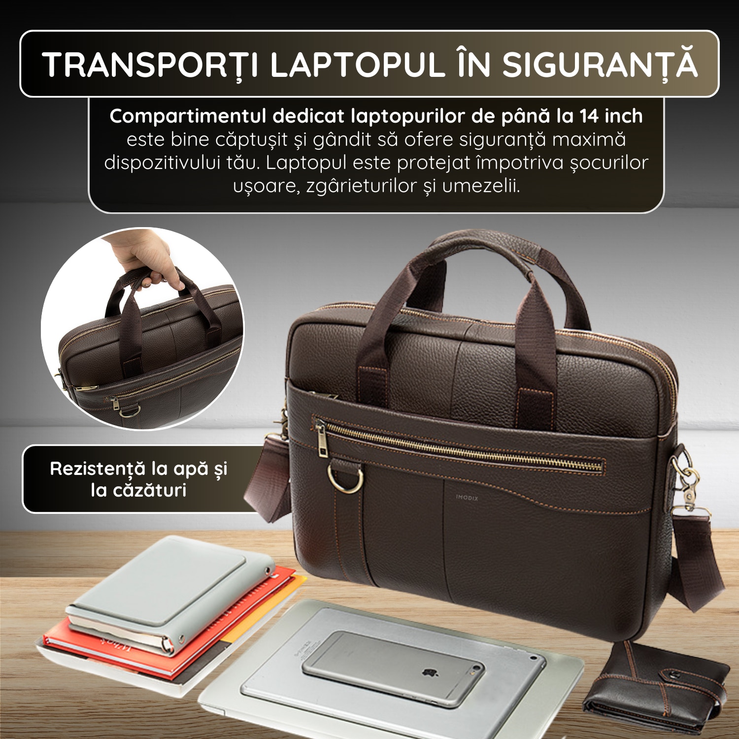 Geanta Laptop Piele Naturala, IMODIX, Compartiment Laptop 14-inch, Spatioasa, Curea De Umar Ajustabila, Multiple Compartimente, Ideala Pentru Birou Si Calatorii, 38.5x28x7 cm, Model 8629, Maro