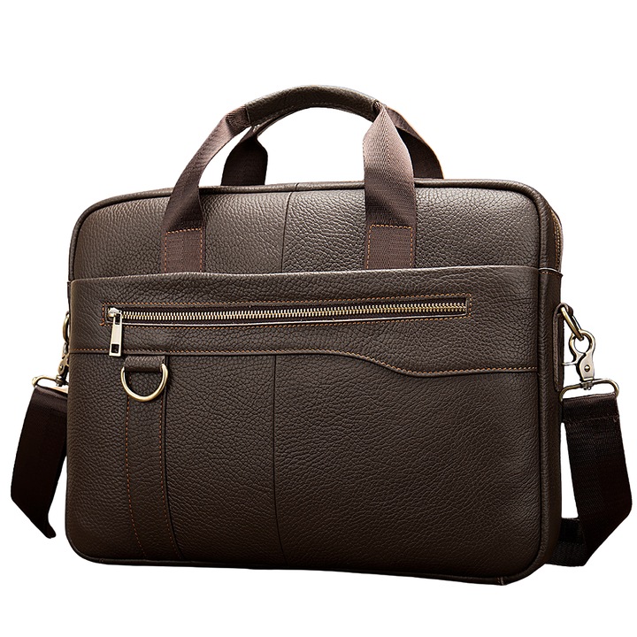 Valódi Bőr Laptoptáska, IMODIX®, 14 hüvelykes laptoprekesz, Tágas, Állítható vállpánt, Több rekesz, Ideális irodai és utazási célokra, 38.5x28x7 cm, 8629-es modell, Kávébarna