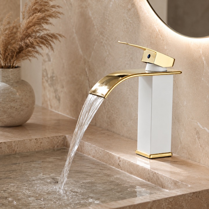 Baterie Baie Cascada, Design Premium, Jet Tip Cascada, Control Dual Apa Calda Rece, Alama De Calitate, Furtun Impletit Din Inox, Acoperire Multistrat, Otel Inoxidabil, Smart Gadgets C&A Alb Auriu