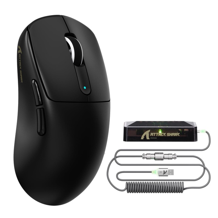 Mouse de gaming wireless ATTACK SHARK V5, 55g, ultra-usor, PAW3950MAX, senzor 42K DPI, polling rate 8000Hz, tri-mod, Bluetooth/2.4Ghz/cu fir, cu cablu spiralat pentru maini mari, negru