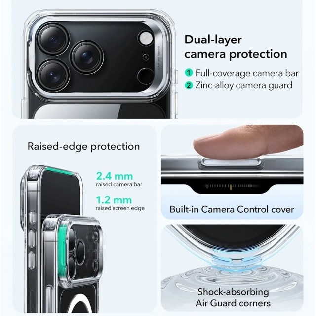 Husa ESR KickStand Pentru iPhone 17 Pro Max, Functie MagSafe, Protectie La Camera, Colturi Intarite, Stand Metalic, Clear