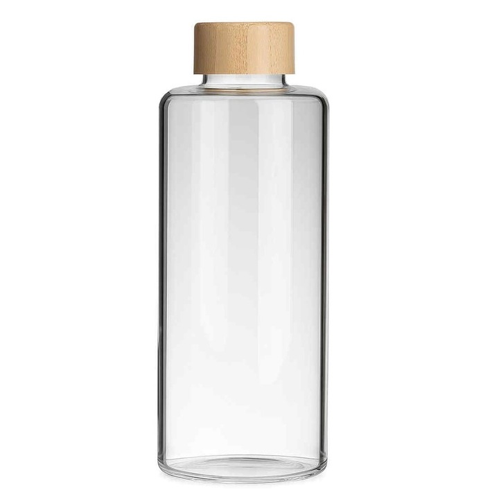 Pufo Hydrate boroszilikát palack vízhez, folyadékokhoz, bambusz kupakkal, 1L