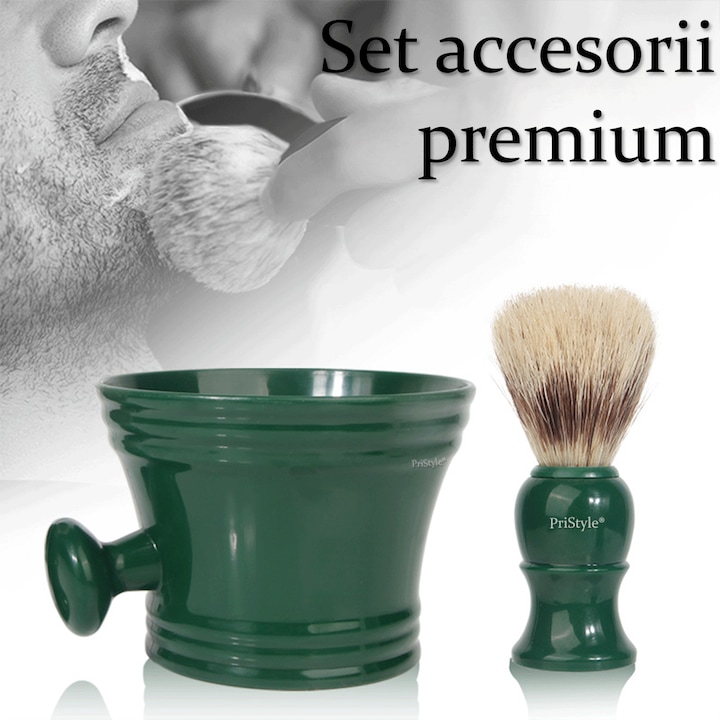 Set Barbierit Set de Barbierit PriStyle, Pamatuf Sintetic si Bol pentru Spumă, Verde ...