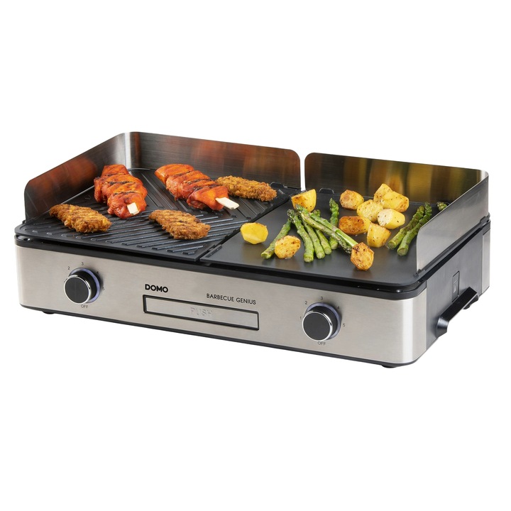 Gratar electric DOMO, Barbecue Genius, ideal pentru friptura/peste/legume/sandwichuri, 2 zone de temperatura, suprafata dubla gatire, termostat, placa antiaderenta striata/neteda, incalzire rapida, distribuire optima a caldurii, usor de curatat, inox