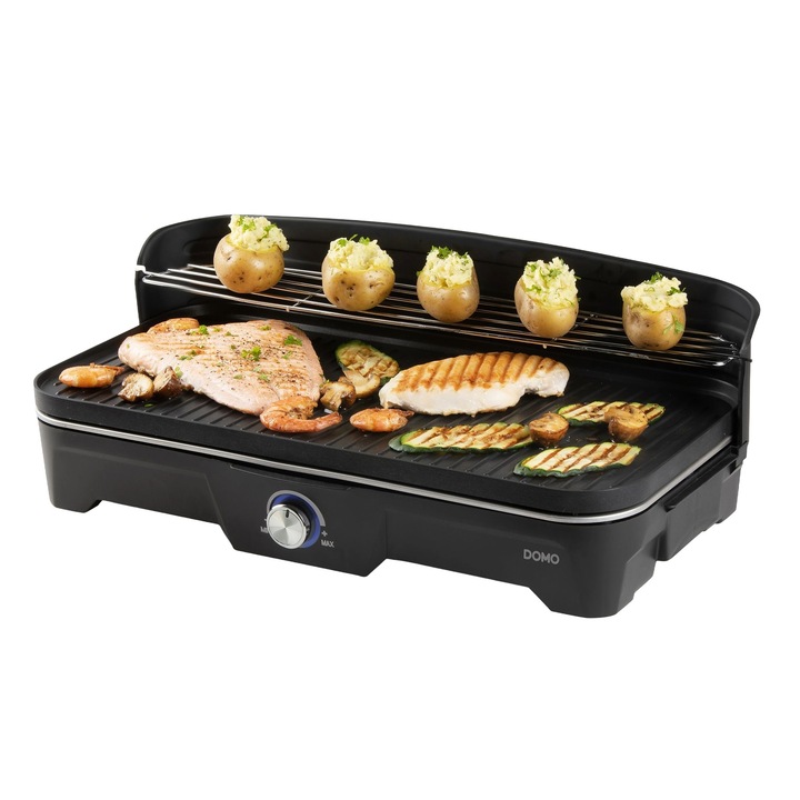 DOMO elektromos grill, Grillasztal, ideális sült hús/hal/zöldségek/szendvicsek számára, 2 hőmérsékleti zóna, dupla főzőfelület, termosztát, bordázott/sima tapadásmentes lap, gyors felmelegedés, optimális hőeloszlás, könnyen tisztítható, fekete