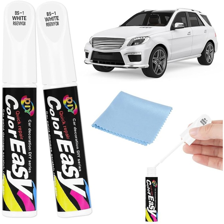 Set 2 markere corectoare zgarieturi auto, 12 ml, culoare alba, lucios, + laveta de curatare albastra, pentru interior si exterior