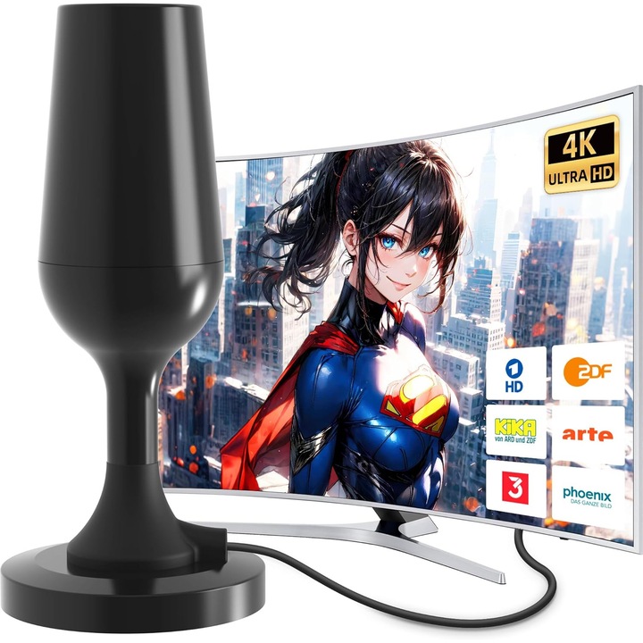 Вътрешна ТВ антена DTB TECH DVB-T/DVB-T2, 360° приемане, голямо разстояние, 4K & 1080p, с магнитна основа