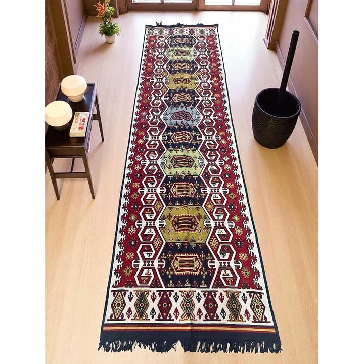 Covor Traditional Suave, doua fete, Rosu Crem Bleumarin, 80x300cm