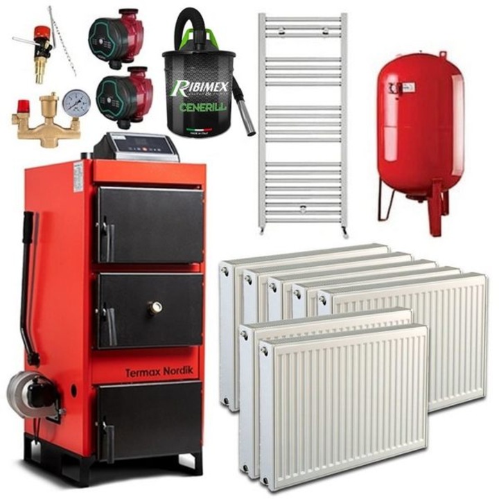 Pachet cazan pe lemn/carbune Termax Nordik 29 kW cu ventilator si automatizare, Calorifere, Vas Expansiune, Grup Siguranta, Pompe Recirculare, Regulator Tiraj, Aspirator Cenusa
