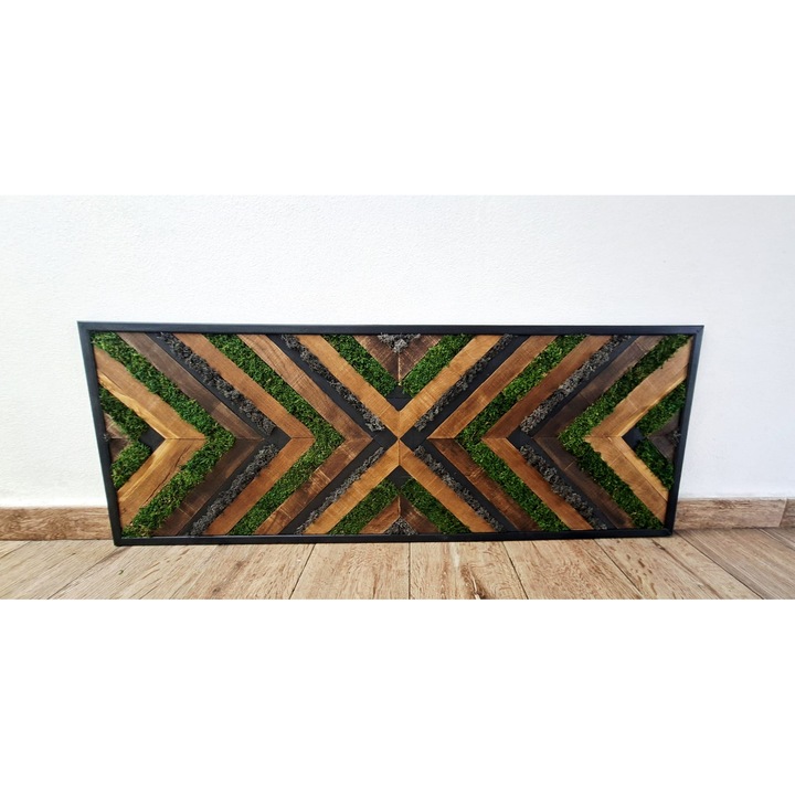 Tablou mozaic de muschi si licheni naturali, realizat manual cu lemn de stejar si rama de pin, 46x122cm